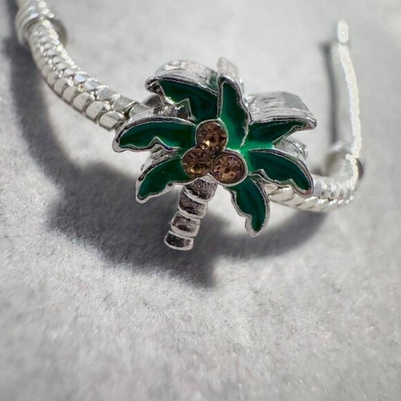 Silver Tone Palm Tree Charm Bracelet Enamel Green Coconuts Rhinestones Women - Picture 7 of 9